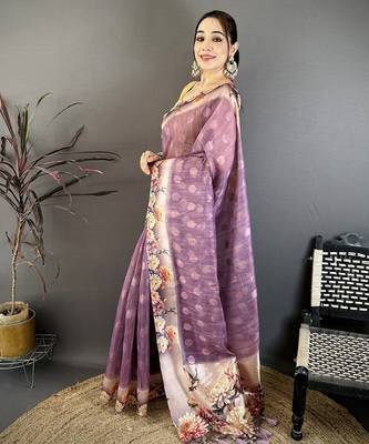 wine premium cotton blend printed saree with unstitched blouse piece. 2