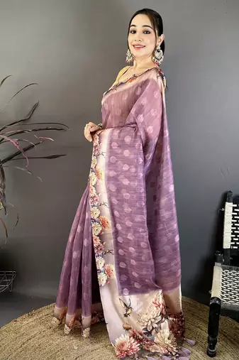 wine premium cotton blend printed saree with unstitched blouse piece.