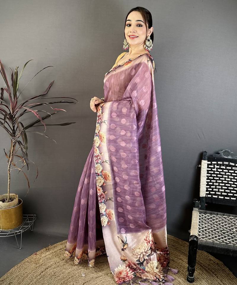 wine premium cotton blend printed saree with unstitched blouse piece.