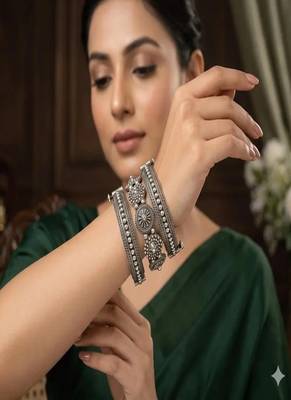 Oxidized silver bangle set of 3, tribal german silver kada 1