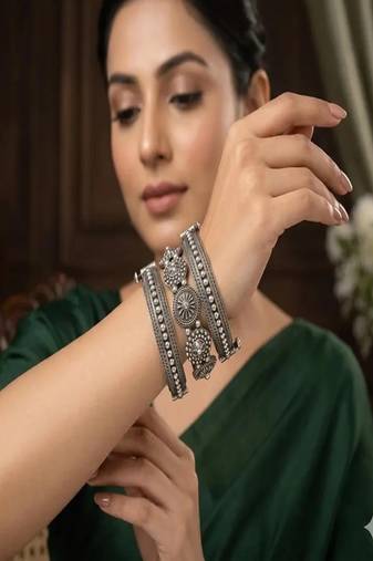 Oxidized silver bangle set of 3, tribal german silver kada