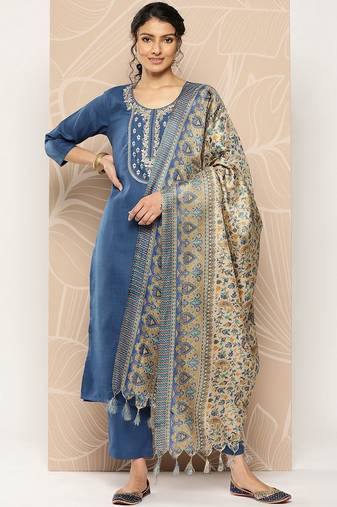 Blue Yoke Embroidered Kurta with Trouser and Dupatta