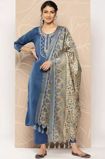 Blue Yoke Embroidered Kurta with Trouser and Dupatta