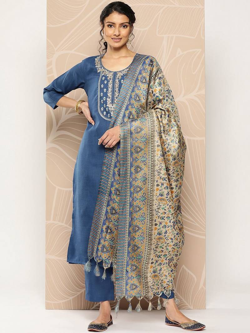 Blue Yoke Embroidered Kurta with Trouser and Dupatta