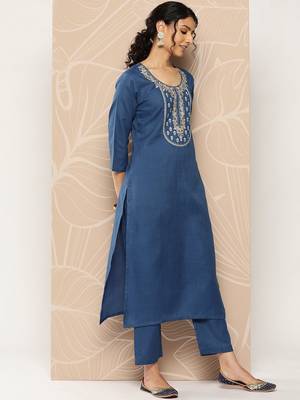Blue Yoke Embroidered Kurta with Trouser and Dupatta 3