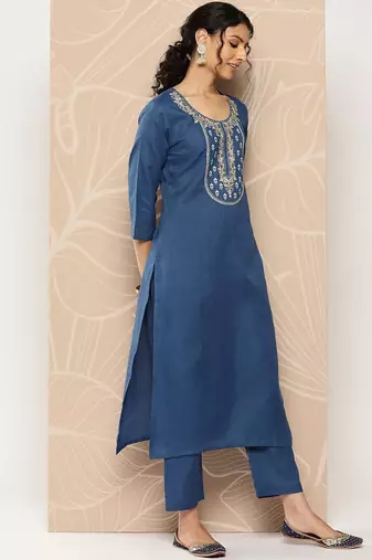Blue Yoke Embroidered Kurta with Trouser and Dupatta