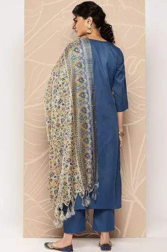 Blue Yoke Embroidered Kurta with Trouser and Dupatta