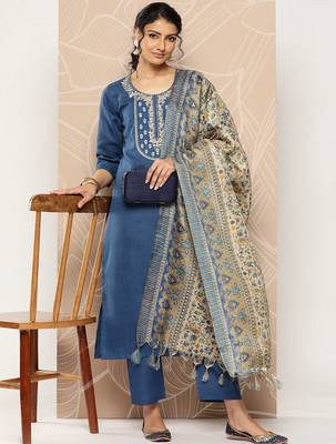 Blue Yoke Embroidered Kurta with Trouser and Dupatta 5