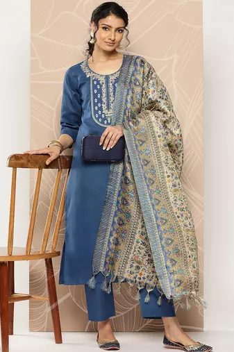 Blue Yoke Embroidered Kurta with Trouser and Dupatta