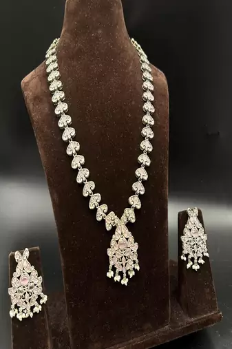Silver kundan necklace set, pastel pink indian bridal jewelry