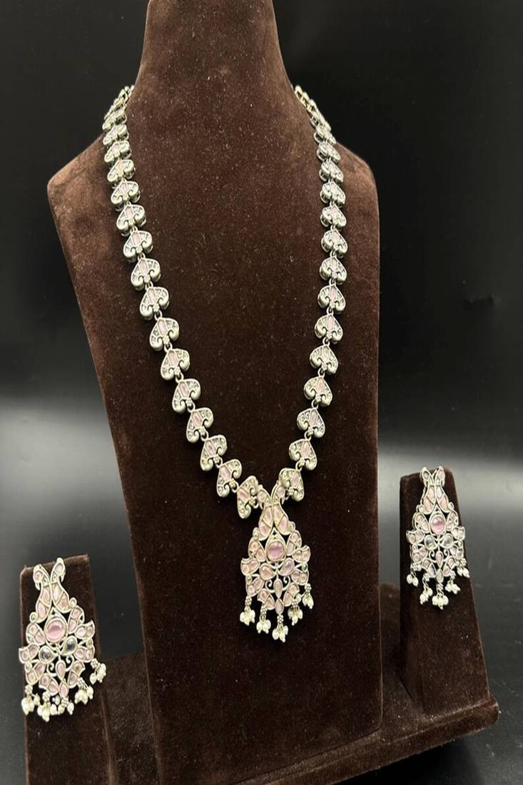 Silver kundan necklace set, pastel pink indian bridal jewelry