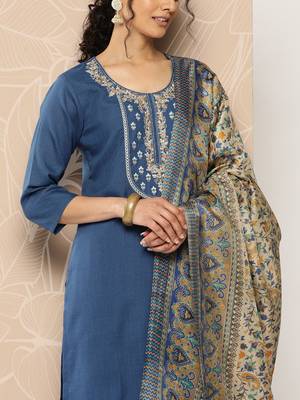 Blue Yoke Embroidered Kurta with Trouser and Dupatta 6