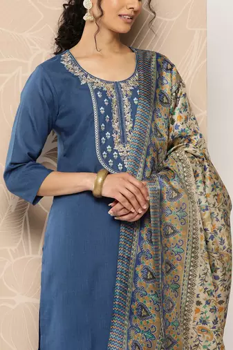 Blue Yoke Embroidered Kurta with Trouser and Dupatta