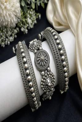 Oxidized silver bangle set of 3, tribal german silver kada 2