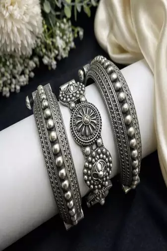 Oxidized silver bangle set of 3, tribal german silver kada