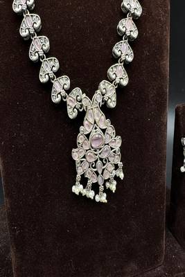 Silver kundan necklace set, pastel pink indian bridal jewelry 3