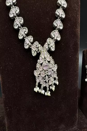 Silver kundan necklace set, pastel pink indian bridal jewelry