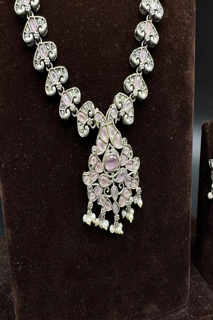 Silver kundan necklace set, pastel pink indian bridal jewelry