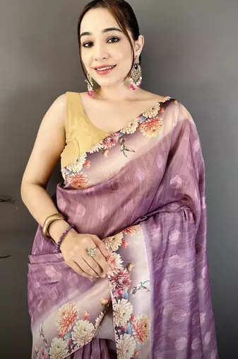 wine premium cotton blend printed saree with unstitched blouse piece.