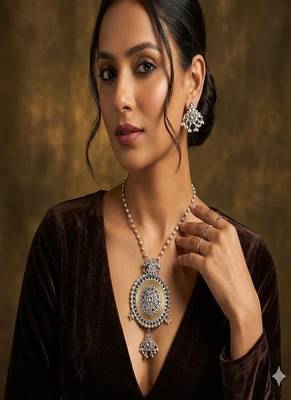 Handmade oxidized silver necklace set with large statement pendant 1