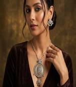 Handmade oxidized silver necklace set with large statement pendant