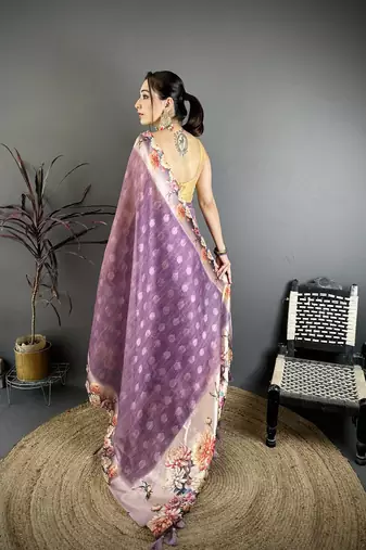 wine premium cotton blend printed saree with unstitched blouse piece.