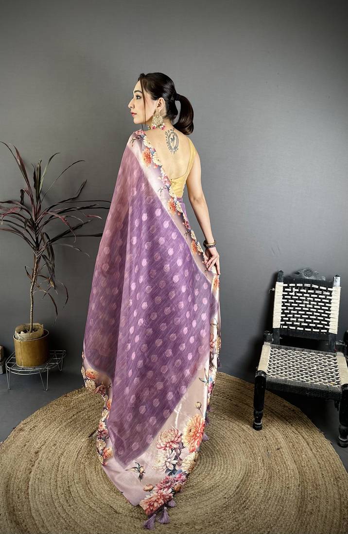 wine premium cotton blend printed saree with unstitched blouse piece.