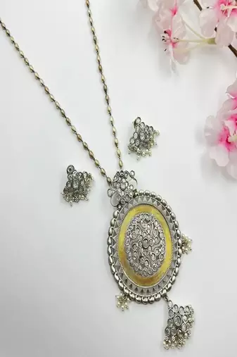 Handmade oxidized silver necklace set with large statement pendant