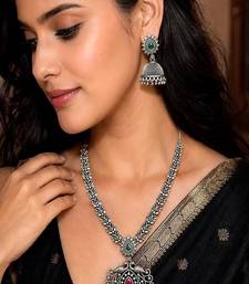 Oxidized silver peacock necklace set, long south indian haram necklace set