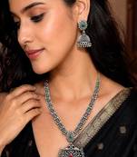 Oxidized silver peacock necklace set, long south indian haram necklace set