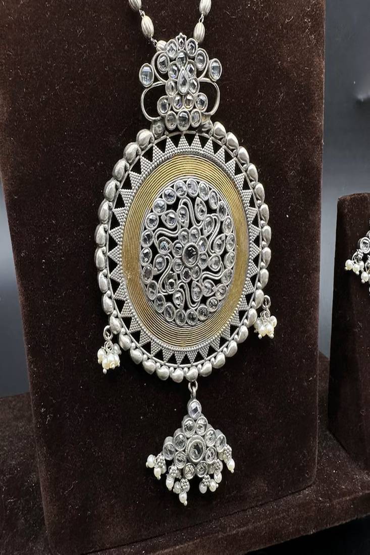 Handmade oxidized silver necklace set with large statement pendant