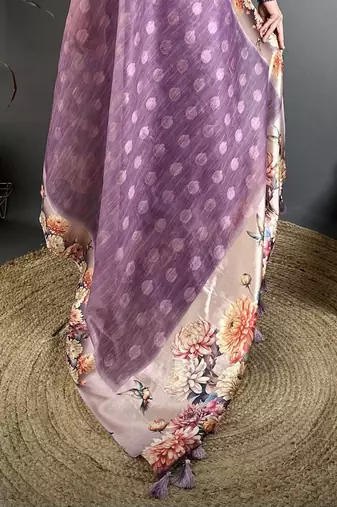 wine premium cotton blend printed saree with unstitched blouse piece.