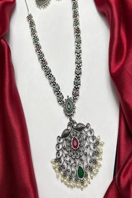 Oxidized silver peacock necklace set, long south indian haram necklace set 2