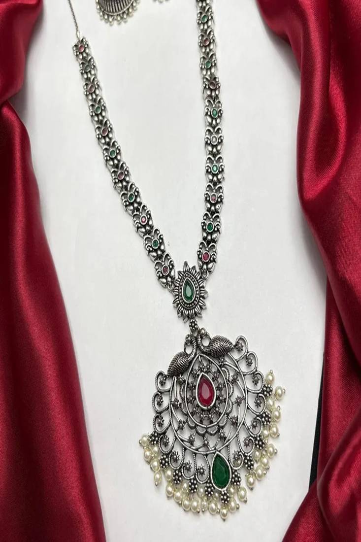 Oxidized silver peacock necklace set, long south indian haram necklace set