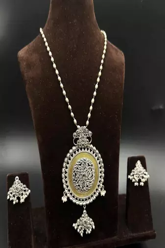 Handmade oxidized silver necklace set with large statement pendant