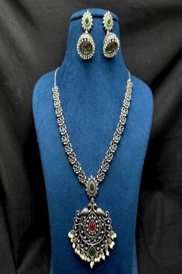 Oxidized silver peacock necklace set, long south indian haram necklace set 3