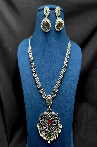 Oxidized silver peacock necklace set, long south indian haram necklace set