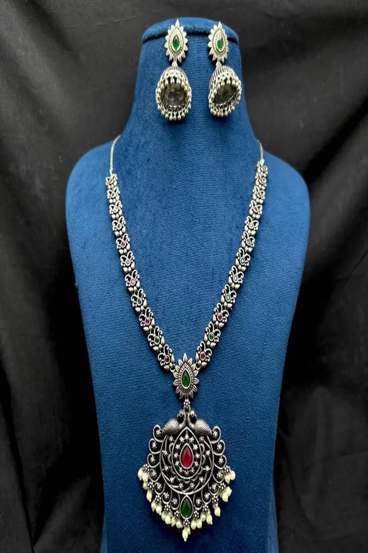 Oxidized silver peacock necklace set, long south indian haram necklace set