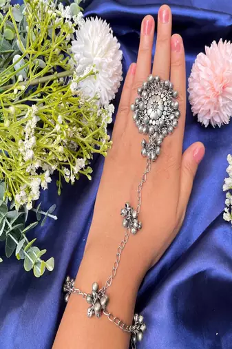 Oxidized silver ghungroo hand harness: indian boho haathphool bracelet