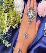 Oxidized silver ghungroo hand harness: indian boho haathphool bracelet