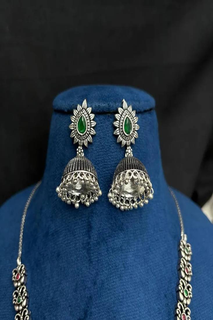Oxidized silver peacock necklace set, long south indian haram necklace set