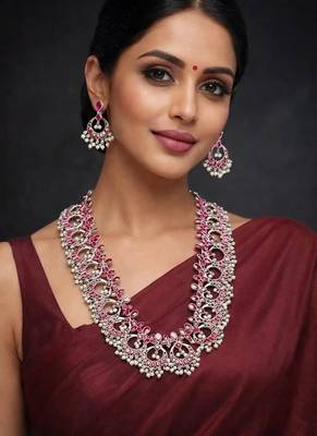 Oxidized silver pink stone long necklace set 1