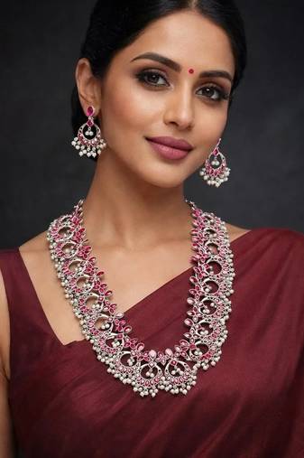 Oxidized silver pink stone long necklace set