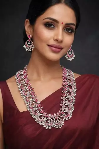 Oxidized silver pink stone long necklace set