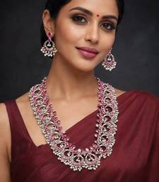 Oxidized silver pink stone long necklace set