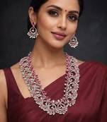 Oxidized silver pink stone long necklace set