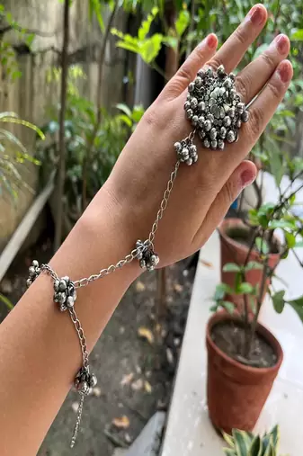 Oxidized silver ghungroo hand harness: indian boho haathphool bracelet