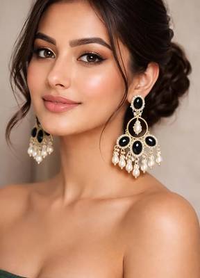 Black onyx chandbali earrings with pearl drops|indian statement dangle earrings for party 1