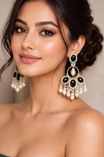 Black onyx chandbali earrings with pearl drops|indian statement dangle earrings for party