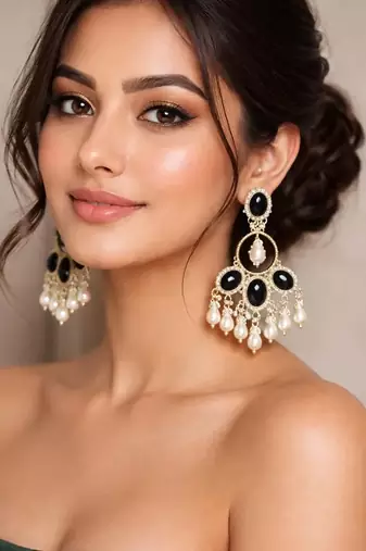 Black onyx chandbali earrings with pearl drops|indian statement dangle earrings for party